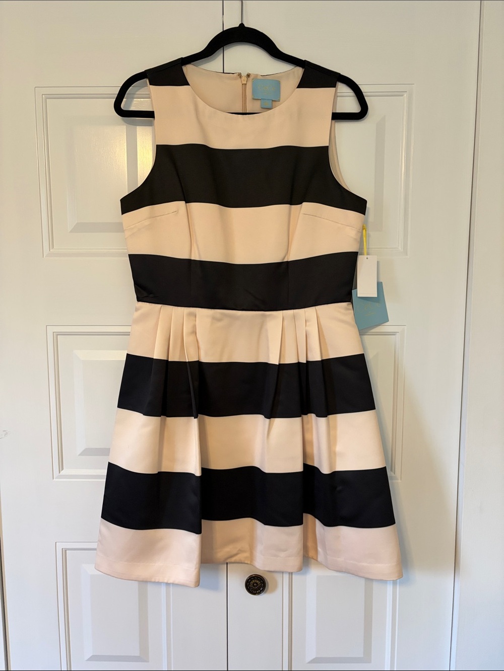 CeCe Striped Fit & Flare Dress - Black and Cream